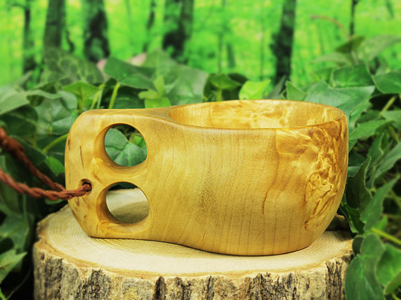 Wood Jewel ウッドジュエル｜ククサ(kuksa) ヴィサコイブ(visakoivu)カーリーバーチ ラウンド-003｜2つ穴ハンドル 160cc 画像大2